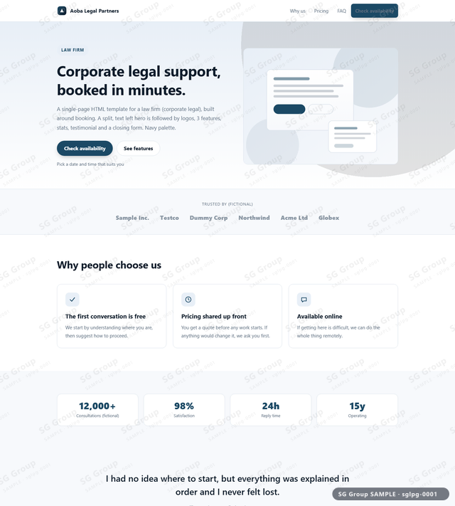 Thumbnail of Law Firm — Booking | split, text left, Navy, an HTML landing-page template for law firm aimed at booking.