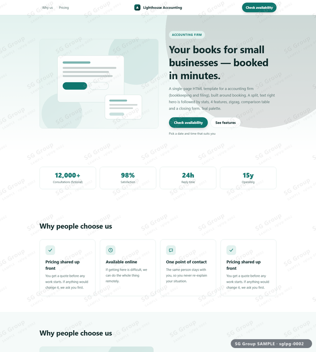 Thumbnail of Accounting Firm — Booking | split, text right, Teal, an HTML landing-page template for accounting firm aimed at booking.