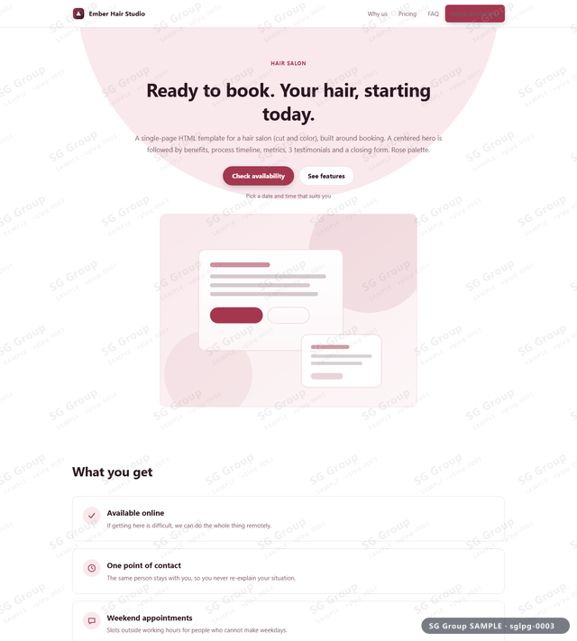 Thumbnail of Hair Salon — Booking | centered, Rose, an HTML landing-page template for hair salon aimed at booking.