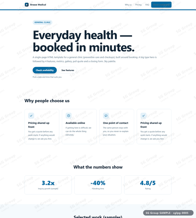 Thumbnail of General Clinic — Booking | big type, Sky, an HTML landing-page template for general clinic aimed at booking.