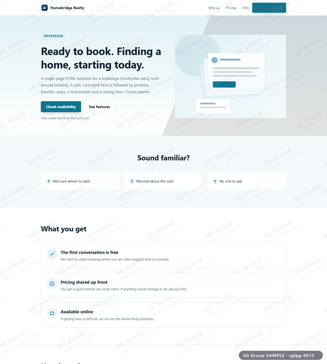 Thumbnail of Brokerage — Booking | split, card stack, Ocean, an HTML landing-page template for brokerage aimed at booking.
