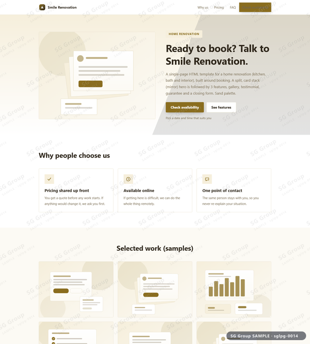 Thumbnail of Home Renovation — Booking | split, card stack (mirror), Sand, an HTML landing-page template for home renovation aimed at booking.