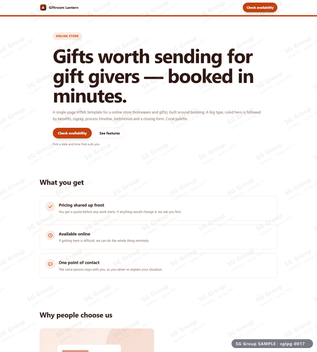 Thumbnail of Online Store — Booking | big type, ruled, Coral, an HTML landing-page template for online store aimed at booking.
