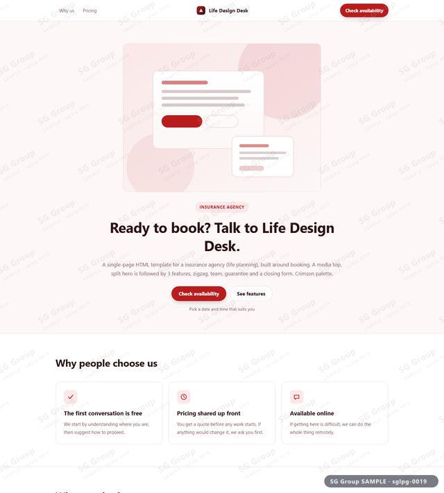 Thumbnail of Insurance Agency — Booking | media top, split, Crimson, an HTML landing-page template for insurance agency aimed at booking.