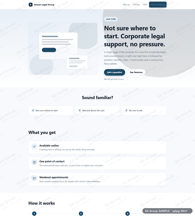 Thumbnail of Law Firm — Inquiry | split, text right, Navy, an HTML landing-page template for law firm aimed at inquiry.