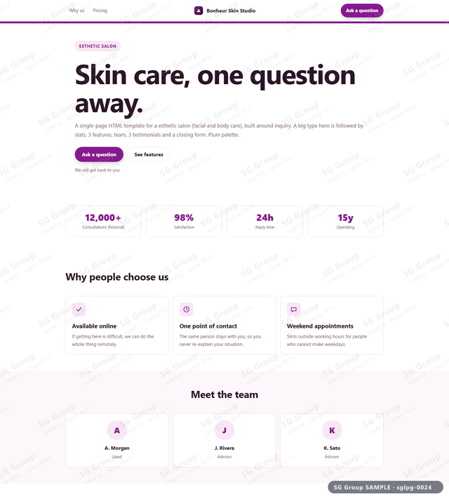Thumbnail of Esthetic Salon — Inquiry | big type, Plum, an HTML landing-page template for esthetic salon aimed at inquiry.