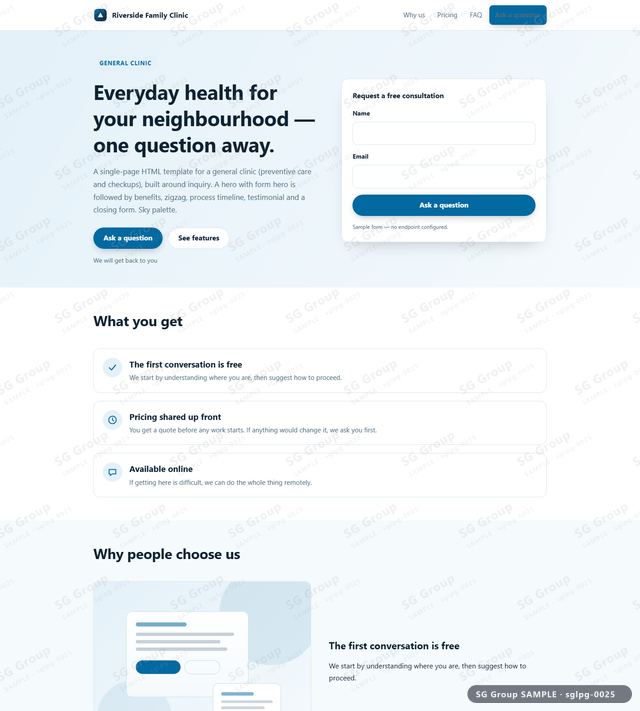 Thumbnail of General Clinic — Inquiry | hero with form, Sky, an HTML landing-page template for general clinic aimed at inquiry.