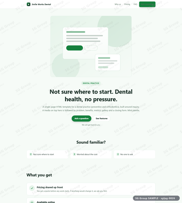 Thumbnail of Dental Practice — Inquiry | media on top, Mint, an HTML landing-page template for dental practice aimed at inquiry.