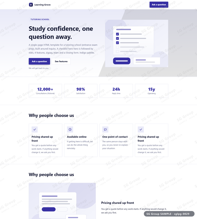 Thumbnail of Tutoring School — Inquiry | checklist hero, Indigo, an HTML landing-page template for tutoring school aimed at inquiry.