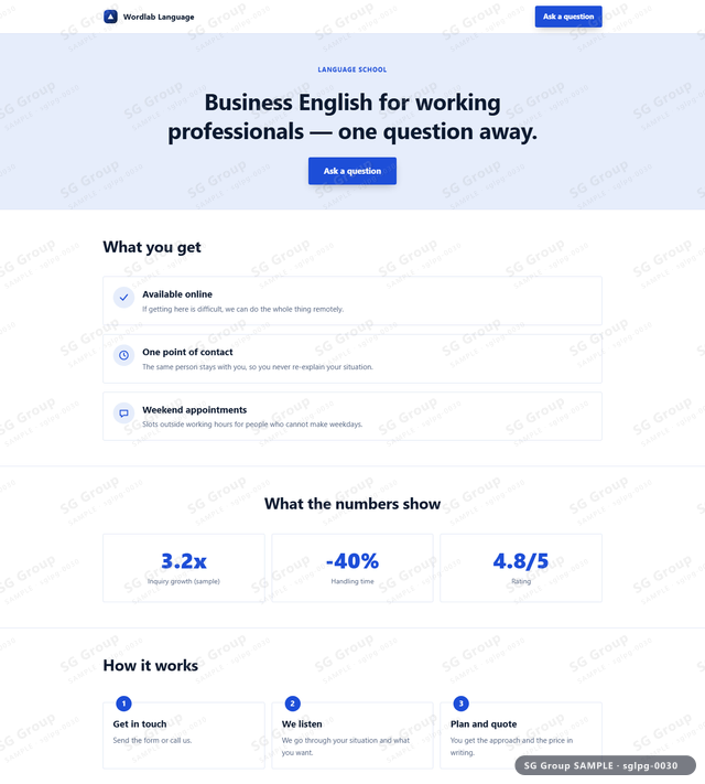 Thumbnail of Language School — Inquiry | banner CTA, Azure, an HTML landing-page template for language school aimed at inquiry.