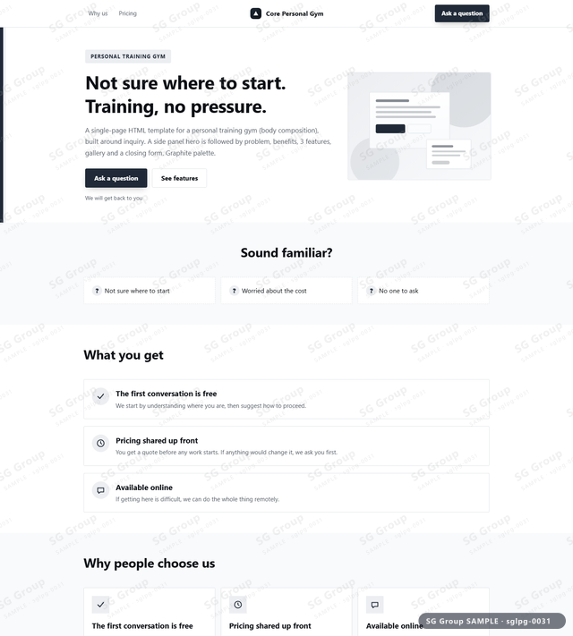 Thumbnail of Personal Training Gym — Inquiry | side panel, Graphite, an HTML landing-page template for personal training gym aimed at inquiry.
