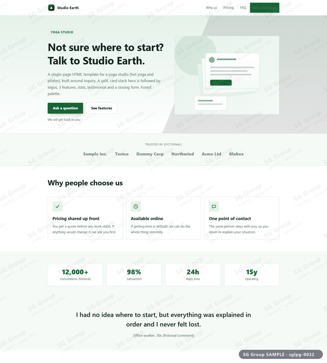 Thumbnail of Yoga Studio — Inquiry | split, card stack, Forest, an HTML landing-page template for yoga studio aimed at inquiry.
