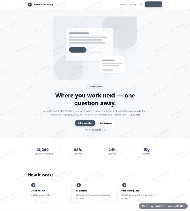 Thumbnail of Careers Page — Inquiry | media top, split, Steel, an HTML landing-page template for careers page aimed at inquiry.