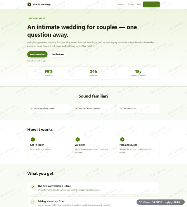 Thumbnail of Wedding Venue — Inquiry | stat band hero, Olive, an HTML landing-page template for wedding venue aimed at inquiry.