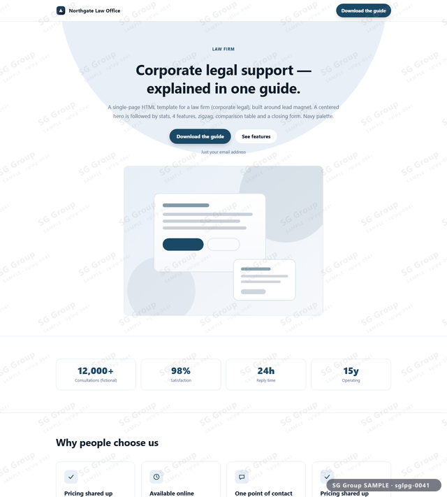 Thumbnail of Law Firm — Lead Magnet | centered, Navy, an HTML landing-page template for law firm aimed at lead magnet.