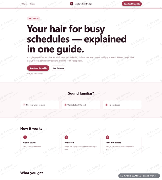 Thumbnail of Hair Salon — Lead Magnet | big type, Rose, an HTML landing-page template for hair salon aimed at lead magnet.