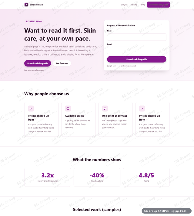 Thumbnail of Esthetic Salon — Lead Magnet | hero with form, Plum, an HTML landing-page template for esthetic salon aimed at lead magnet.