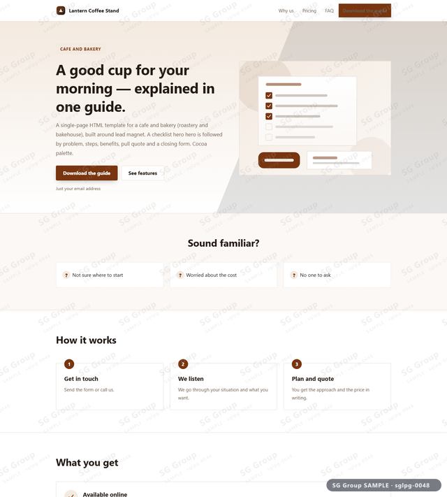 Thumbnail of Cafe and Bakery — Lead Magnet | checklist hero, Cocoa, an HTML landing-page template for cafe and bakery aimed at lead magnet.