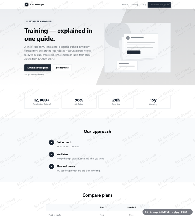 Thumbnail of Personal Training Gym — Lead Magnet | split, card stack, Graphite, an HTML landing-page template for personal training gym aimed at lead magnet.