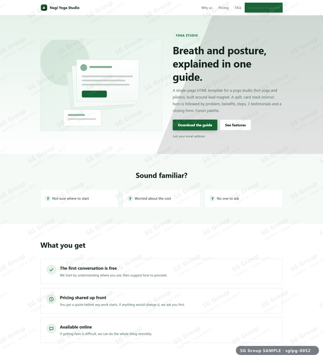 Thumbnail of Yoga Studio — Lead Magnet | split, card stack (mirror), Forest, an HTML landing-page template for yoga studio aimed at lead magnet.