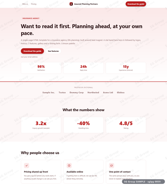 Thumbnail of Insurance Agency — Lead Magnet | stat band hero, Crimson, an HTML landing-page template for insurance agency aimed at lead magnet.