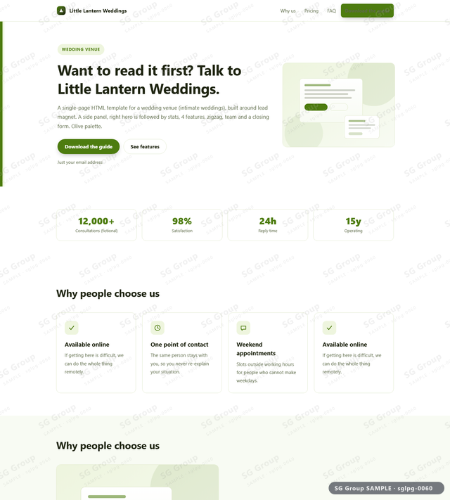 Thumbnail of Wedding Venue — Lead Magnet | side panel, right, Olive, an HTML landing-page template for wedding venue aimed at lead magnet.