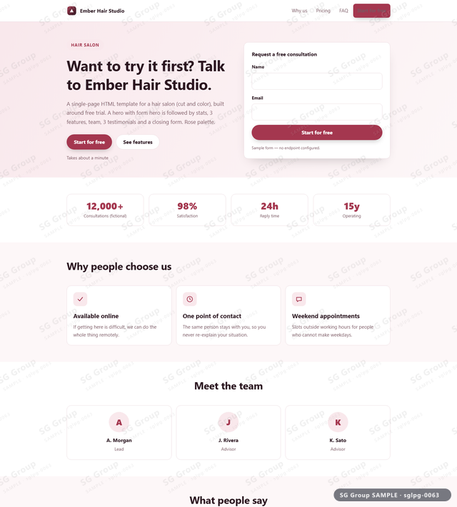 Thumbnail of Hair Salon — Free Trial | hero with form, Rose, an HTML landing-page template for hair salon aimed at free trial.