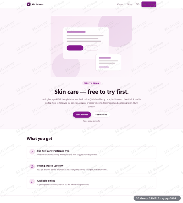 Thumbnail of Esthetic Salon — Free Trial | media on top, Plum, an HTML landing-page template for esthetic salon aimed at free trial.