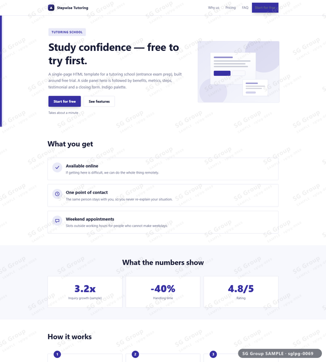 Thumbnail of Tutoring School — Free Trial | side panel, Indigo, an HTML landing-page template for tutoring school aimed at free trial.