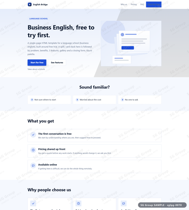 Thumbnail of Language School — Free Trial | split, card stack, Azure, an HTML landing-page template for language school aimed at free trial.