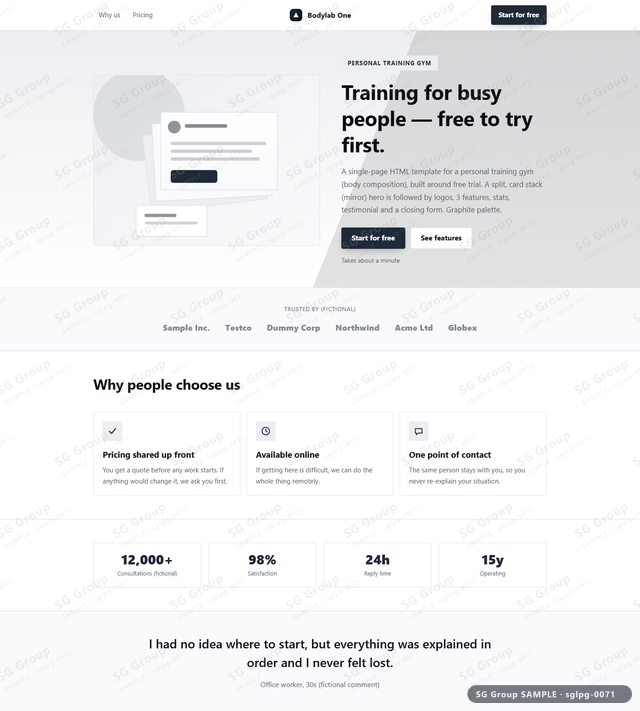 Thumbnail of Personal Training Gym — Free Trial | split, card stack (mirror), Graphite, an HTML landing-page template for personal training gym aimed at free t…