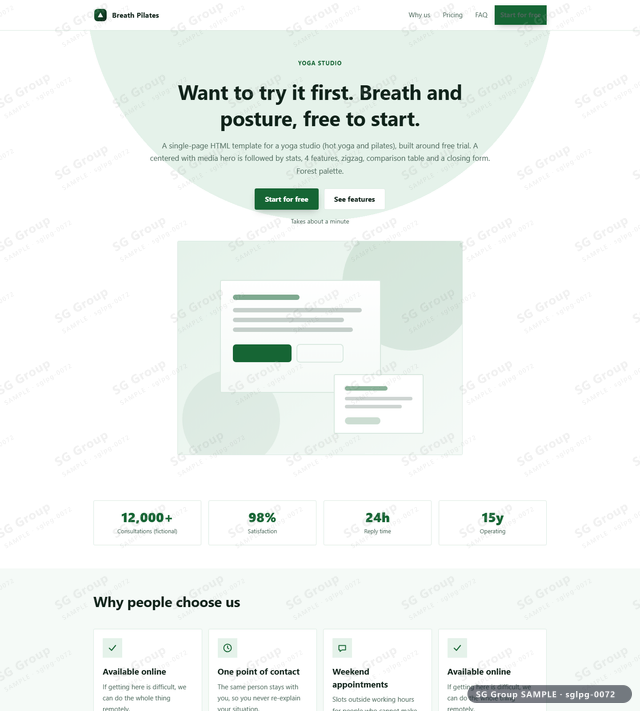 Thumbnail of Yoga Studio — Free Trial | centered with media, Forest, an HTML landing-page template for yoga studio aimed at free trial.