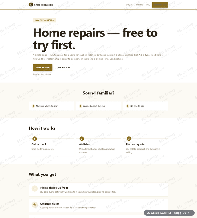 Thumbnail of Home Renovation — Free Trial | big type, ruled, Sand, an HTML landing-page template for home renovation aimed at free trial.