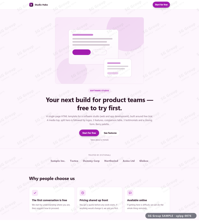 Thumbnail of Software Studio — Free Trial | media top, split, Berry, an HTML landing-page template for software studio aimed at free trial.