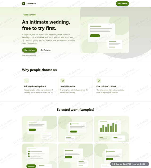 Thumbnail of Wedding Venue — Free Trial | split, portrait, Olive, an HTML landing-page template for wedding venue aimed at free trial.
