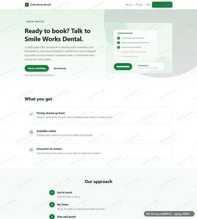 Thumbnail of Dental Practice — Booking | checklist hero, Mint, an HTML landing-page template for dental practice aimed at booking.