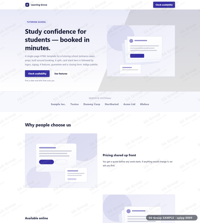 Thumbnail of Tutoring School — Booking | split, card stack, Indigo, an HTML landing-page template for tutoring school aimed at booking.