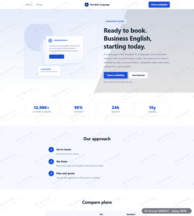 Thumbnail of Language School — Booking | split, card stack (mirror), Azure, an HTML landing-page template for language school aimed at booking.