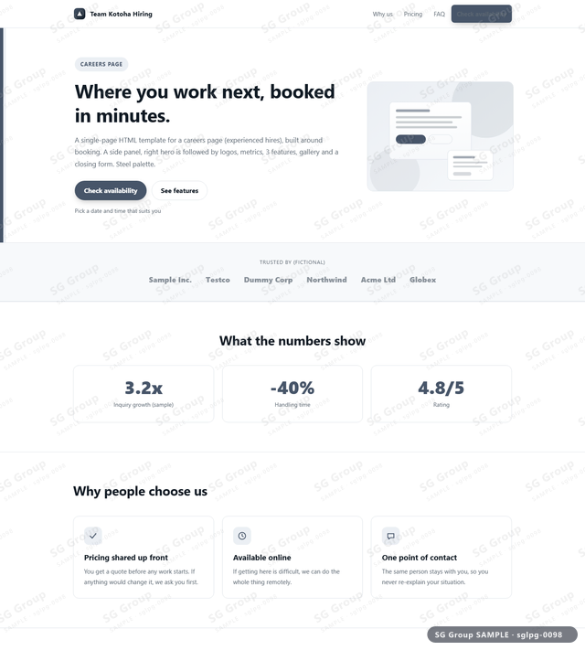 Thumbnail of Careers Page — Booking | side panel, right, Steel, an HTML landing-page template for careers page aimed at booking.