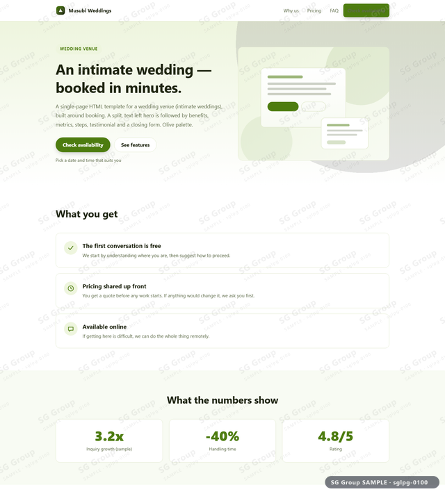 Thumbnail of Wedding Venue — Booking | split, text left, Olive, an HTML landing-page template for wedding venue aimed at booking.