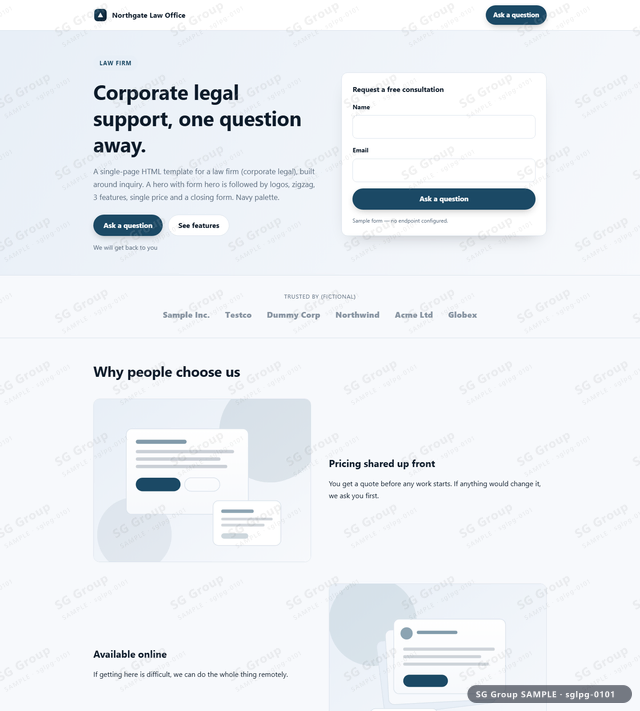 Thumbnail of Law Firm — Inquiry | hero with form, Navy, an HTML landing-page template for law firm aimed at inquiry.
