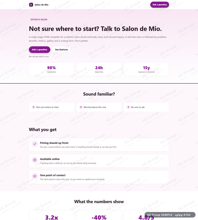Thumbnail of Esthetic Salon — Inquiry | stat hero, Plum, an HTML landing-page template for esthetic salon aimed at inquiry.