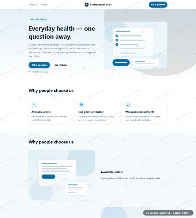 Thumbnail of General Clinic — Inquiry | checklist hero, Sky, an HTML landing-page template for general clinic aimed at inquiry.