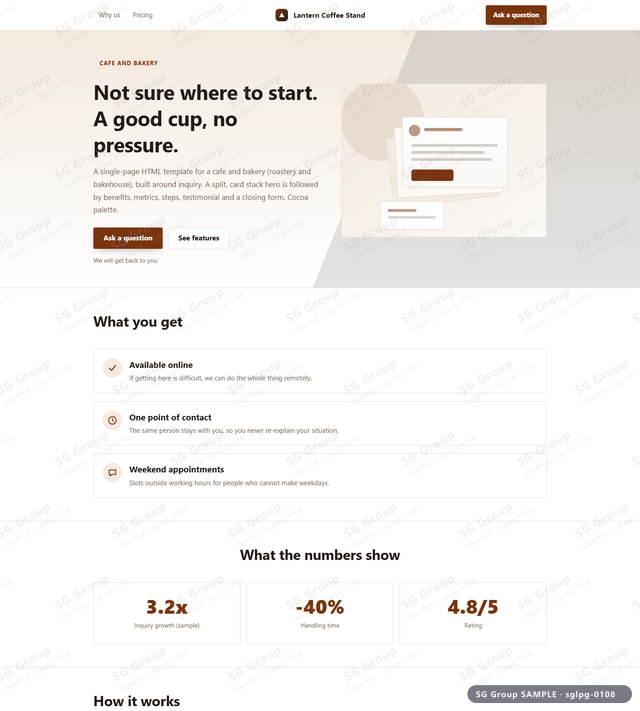 Thumbnail of Cafe and Bakery — Inquiry | split, card stack, Cocoa, an HTML landing-page template for cafe and bakery aimed at inquiry.