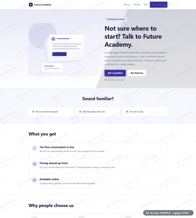 Thumbnail of Tutoring School — Inquiry | split, card stack (mirror), Indigo, an HTML landing-page template for tutoring school aimed at inquiry.