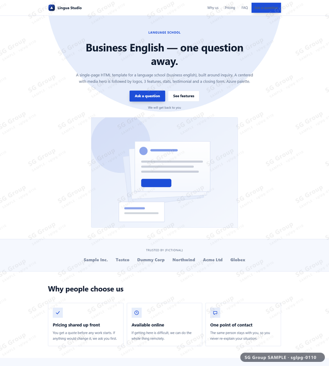 Thumbnail of Language School — Inquiry | centered with media, Azure, an HTML landing-page template for language school aimed at inquiry.