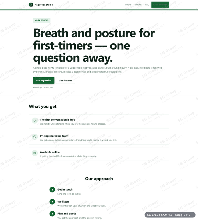 Thumbnail of Yoga Studio — Inquiry | big type, ruled, Forest, an HTML landing-page template for yoga studio aimed at inquiry.