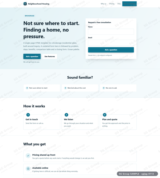 Thumbnail of Brokerage — Inquiry | centered form, Ocean, an HTML landing-page template for brokerage aimed at inquiry.