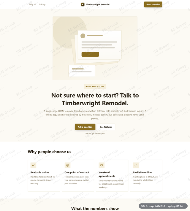 Thumbnail of Home Renovation — Inquiry | media top, split, Sand, an HTML landing-page template for home renovation aimed at inquiry.