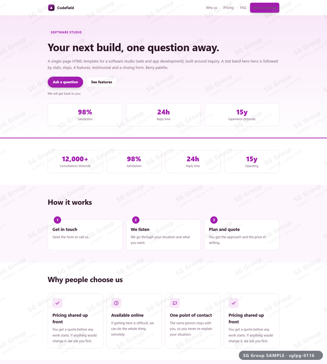 Thumbnail of Software Studio — Inquiry | stat band hero, Berry, an HTML landing-page template for software studio aimed at inquiry.